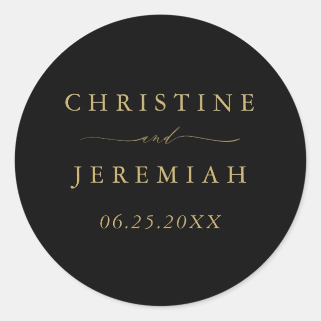 Simple Black Gold Modern Script Wedding Classic Round Sticker (Front)