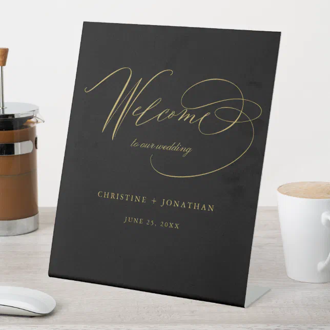Simple Black Gold Modern Script Wedding Welcome Pedestal Sign | Zazzle