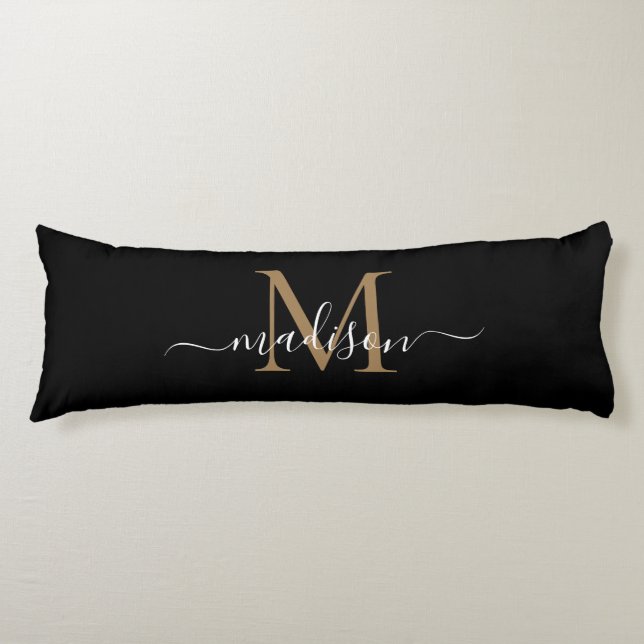 Simple Black Gold Monogram Elegant Feminine Script Body Pillow (Front)