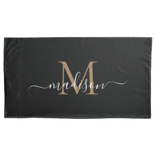 Simple Black Gold Monogram Elegant Feminine Script Pillow Case