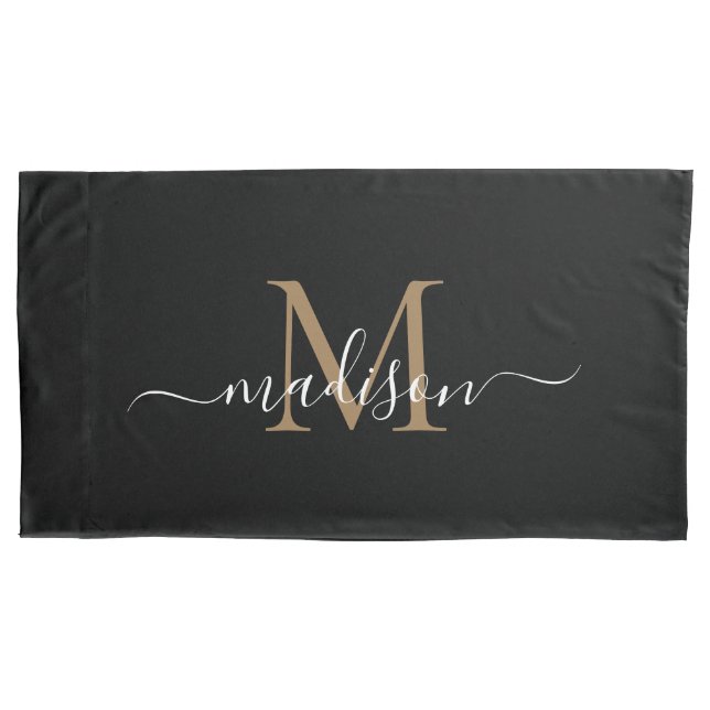 Simple Black Gold Monogram Elegant Feminine Script Pillow Case (Front)