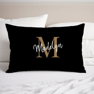 Simple Black Gold Monogram Elegant Feminine Script Pillow Case
