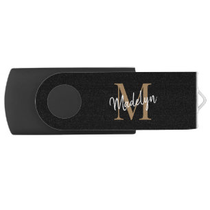 Simple Black Gold Monogram Elegant Girly Script Flash Drive
