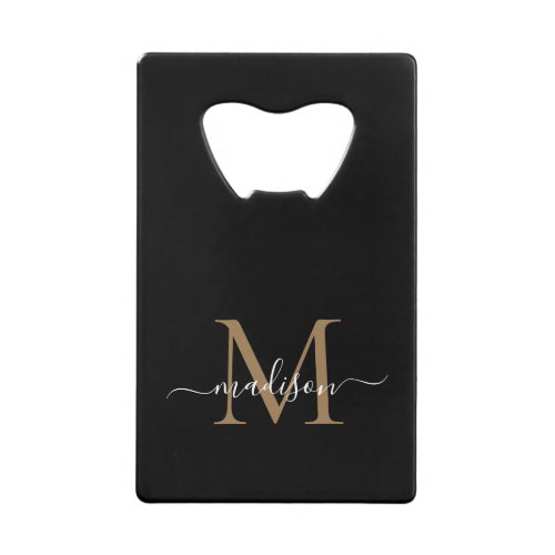 Simple Black Gold Monogram Elegant Script Name Credit Card Bottle Opener