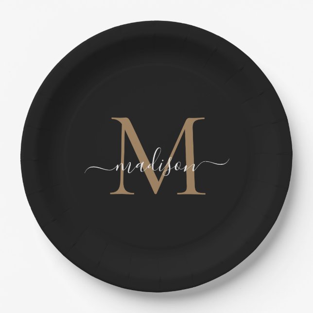 Simple Black Gold Monogram Feminine Script Name Paper Plates (Front)