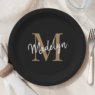 Simple Black Gold Monogram Feminine Script Name Paper Plates