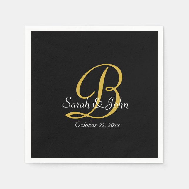 Simple Black & Gold Monogram Wedding Paper Napkin (Front)