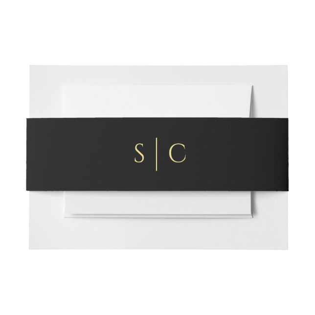 Simple Black Gold Monogrammed Wedding Invitation Belly Band (Front Example)