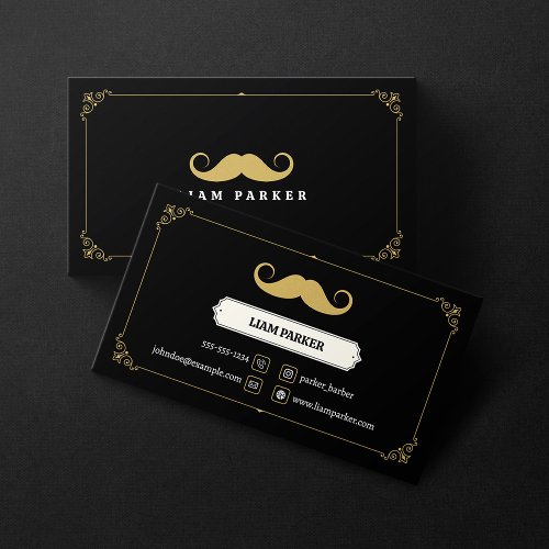 Simple Black  Gold Mustache Barber Shop Vintage Business Card