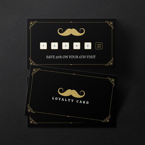 Simple Black  Gold Mustache Barber Shop Vintage Loyalty Card