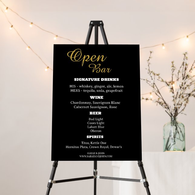 Simple Black Gold Open Bar Sign Business Wedding  (In Situ (Stand))