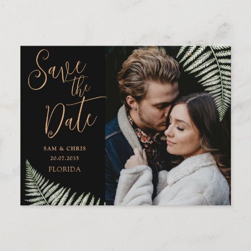 Simple Black  Gold Photo Fern Save the Date Announcement Postcard