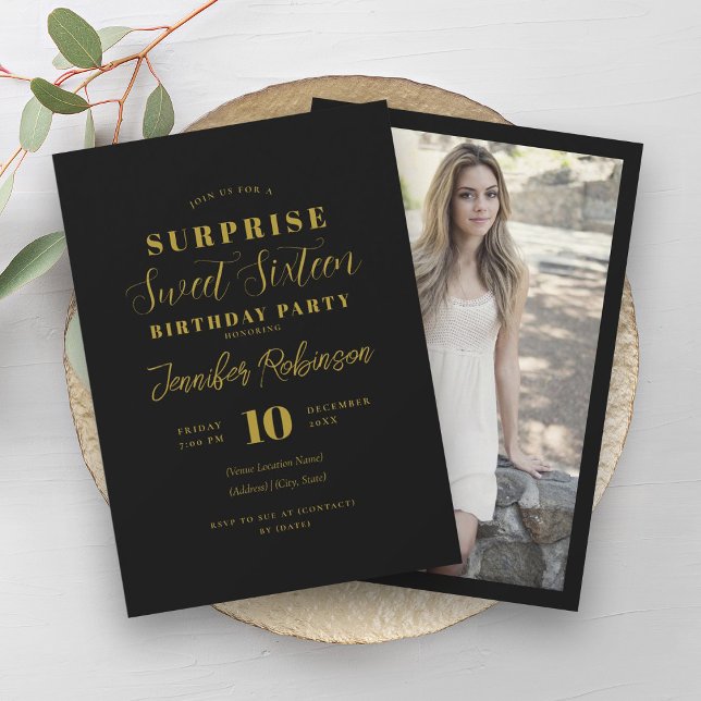 Simple Black & Gold Photo SURPRISE Sweet 16   Invitation (Simple Black & Gold Photo SURPRISE Sweet 16 Invitation)