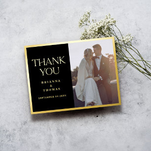 Simple Black Gold Photo Wedding Thank You Foil Invitation Postcard