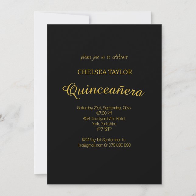 Simple Black & Gold Quinceañera 15th Party  Invitation (Front)
