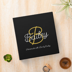 Simple Black & Gold Retro Script Monogram Recipe 3 Ring Binder
