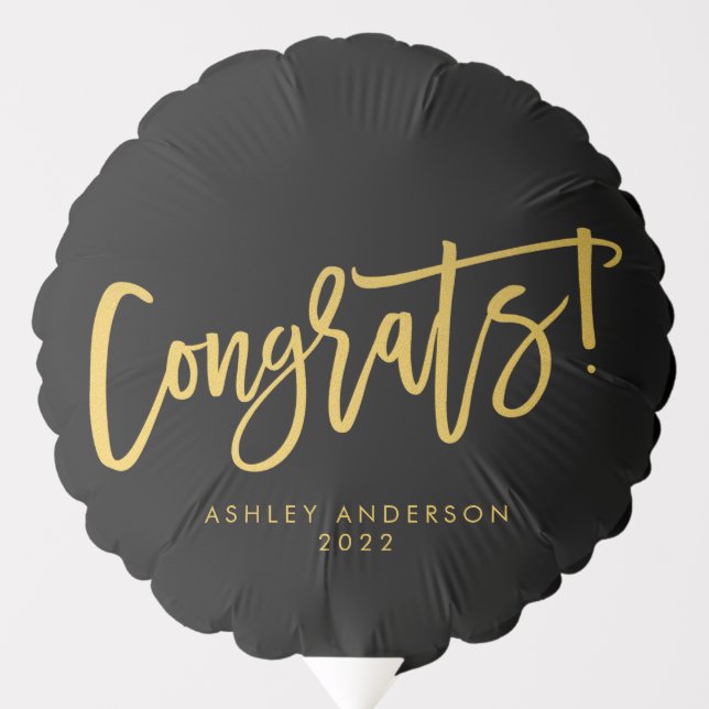 Simple Black Gold Script Congrats Graduate Photo Balloon (Front)