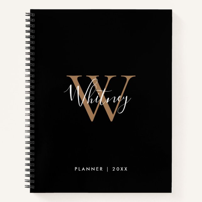 Simple Black Gold Script Monogram Name Notebook (Front)