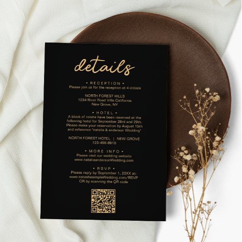 Simple Black Gold Script QR Code Wedding Detail Enclosure Card