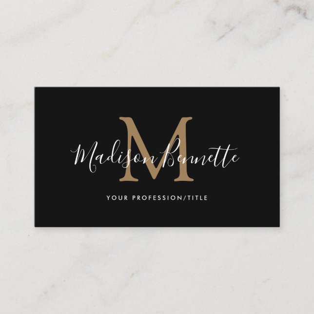 Simple Black Gold Script Typography Monogram Business Card (Front)