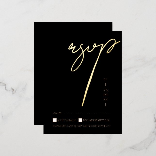 Simple Black Gold Script Wedding RSVP Gold Foil Invitation Postcard (Front/Back)