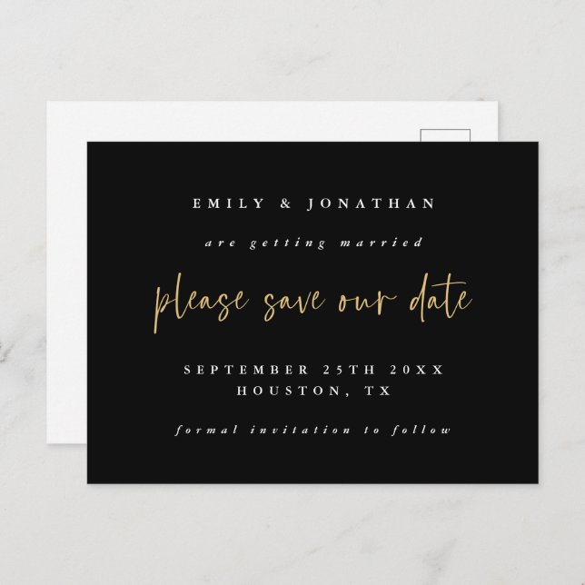 Simple Black Gold Script Wedding Save The Date Announcement Postcard (Front/Back)