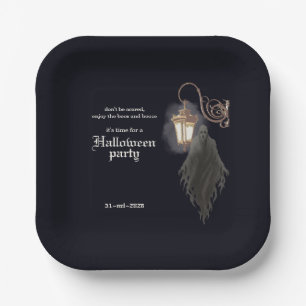 Simple Black Gold Spooky Lantern Halloween Party Paper Plates