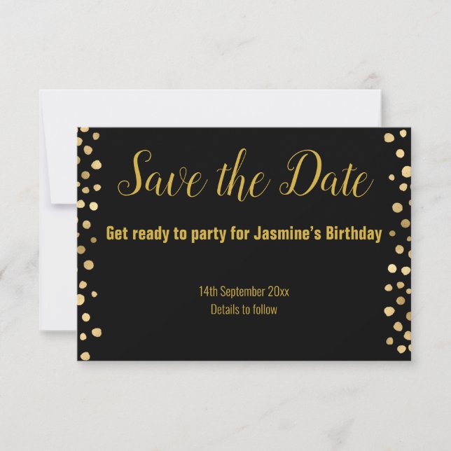 SIMPLE BLACK GOLD SPOT SAVE THE DATE RSVP  CARD (Front)