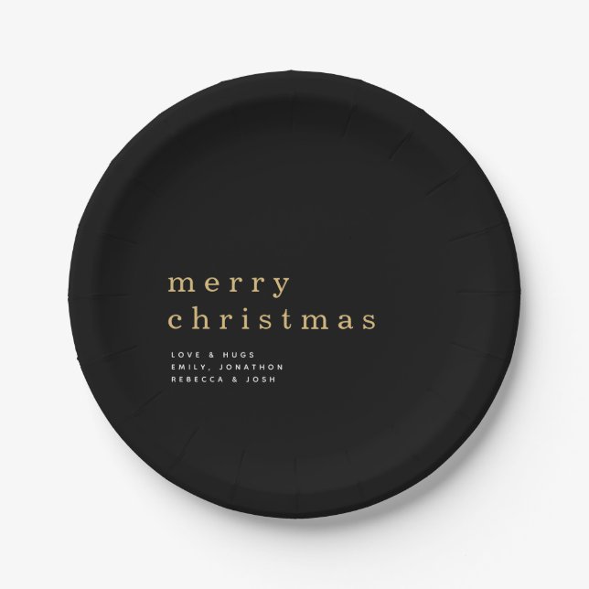 Simple Black Gold Typography Merry Christmas Paper Plates (Front)