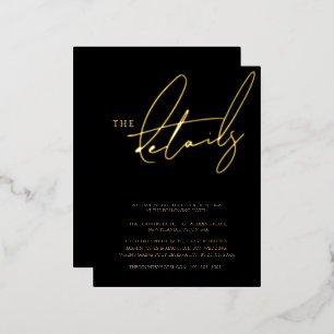 Simple Black Gold Typography Wedding Details Gold Foil Invitation Postcard