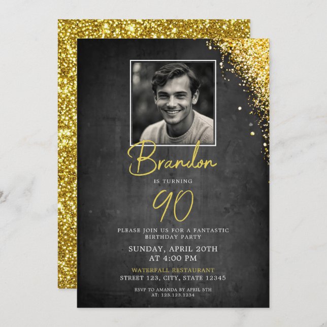 Simple Black & Gold Vintage Photo 90th Birthday Invitation (Front/Back)