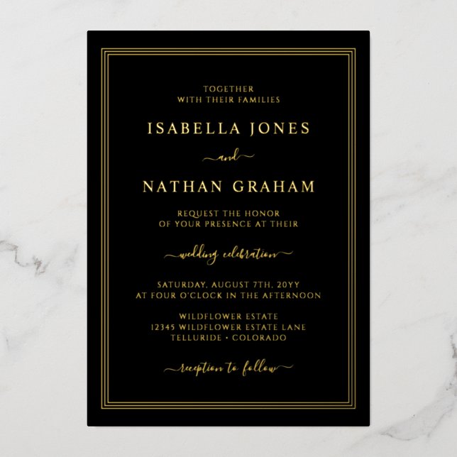 Simple Black Gold Wedding Foil Invitation (Front)