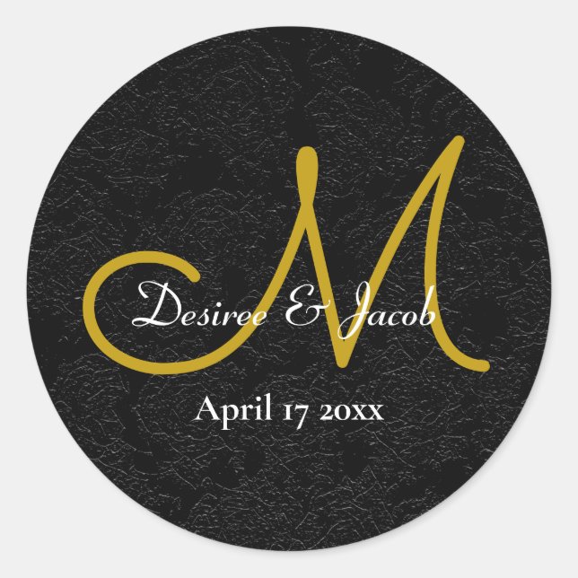 Simple Black Gold White Elegant Wedding Monogram Classic Round Sticker (Front)
