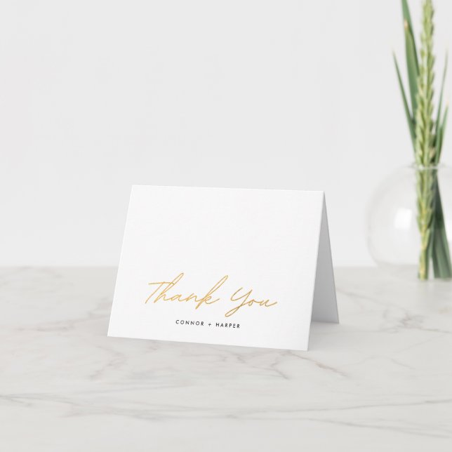 Simple Black Gold White Modern Text Photo Wedding Thank You Card (Front)