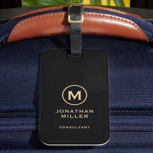 Simple Black Golden Monogram Luggage Tag