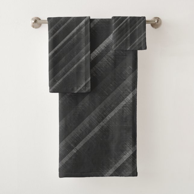 Simple Black Gray Distressed Diagonal Stripes Bath Towel Set (Insitu)