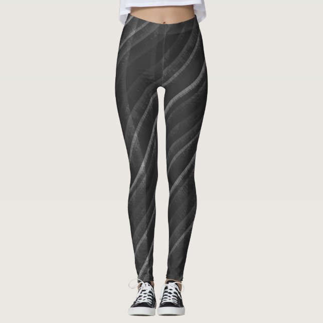 Simple Black Gray Distressed Diagonal Stripes Leggings (Front)