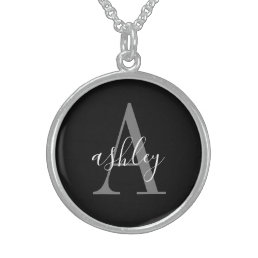 Simple Black Gray, Personalized Monogram Sterling Silver Necklace