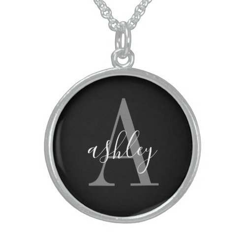 Simple Black Gray Personalized Monogram Sterling Silver Necklace