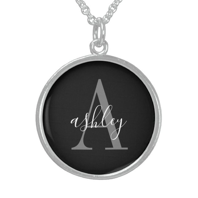 Simple Black Gray, Personalized Monogram Sterling Silver Necklace (Front)