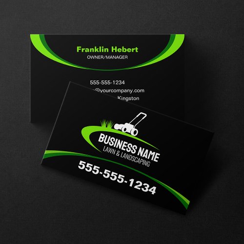 Simple Black Green Lawn Landscaping Mowing Service Business Card