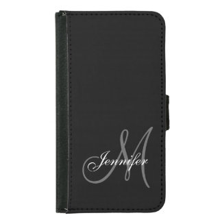 SIMPLE, BLACK, GREY YOUR MONOGRAM YOUR NAME SAMSUNG GALAXY S5 WALLET CASE