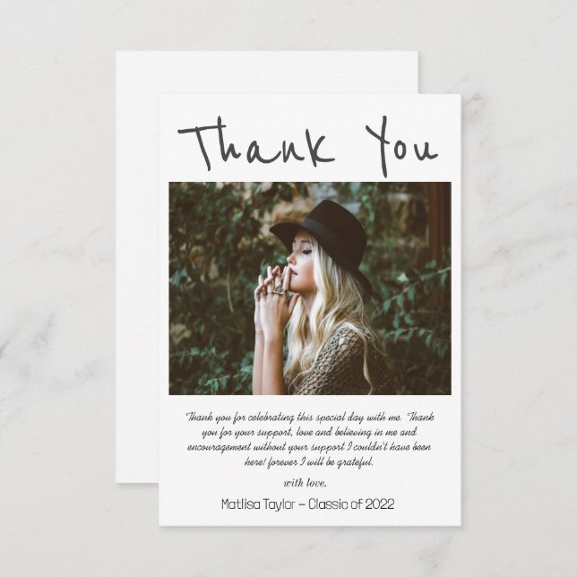 Simple Black Handwriting Photo Graduation   Thank You Card (Front/Back)