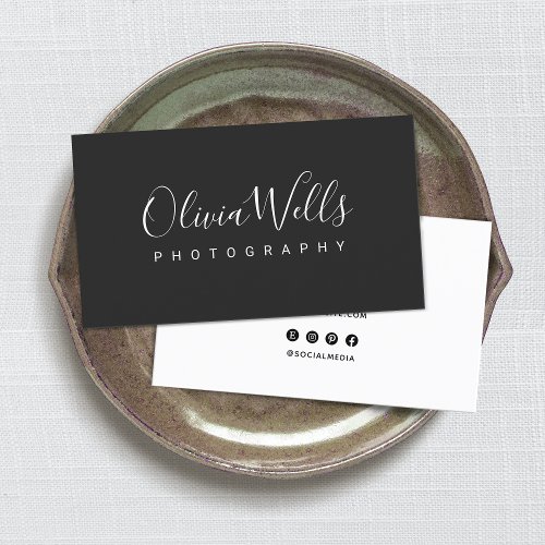 Simple Black Handwritten Script Social Media Icons Business Card