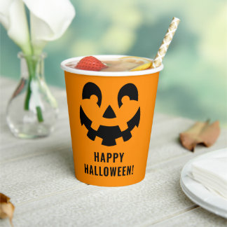 Simple Black Happy Halloween Pumpkin Face Orange Paper Cups