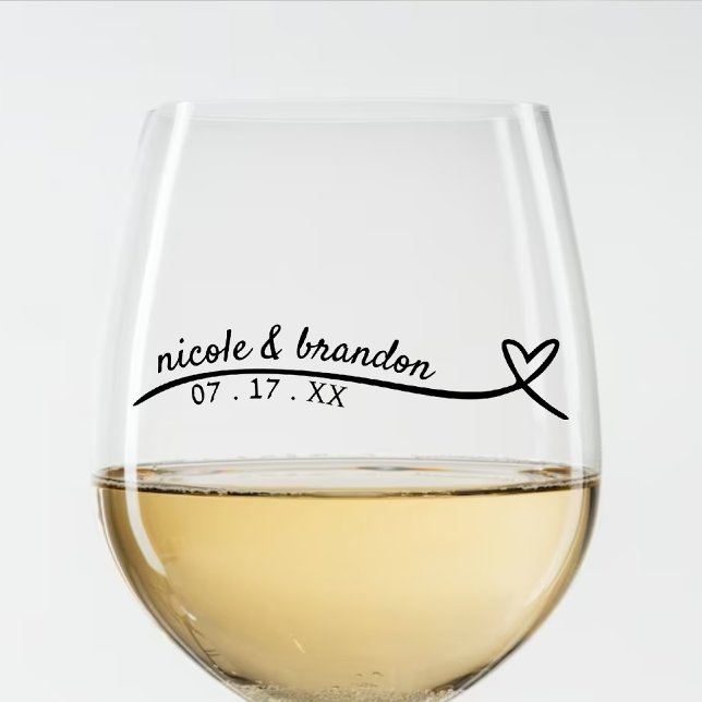 Simple Black Heart Line Wedding Stemless Wine Glass (Simple White & Black Heart Wedding Stemless Wine Glass)