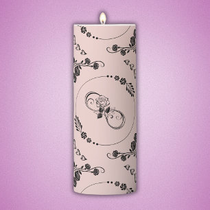 Simple Black Hearts, Floral, Infinity on Pink   Pillar Candle