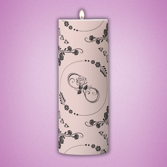 Simple Black Hearts, Floral, Infinity on Pink | Pillar Candle (Creator Uploaded)