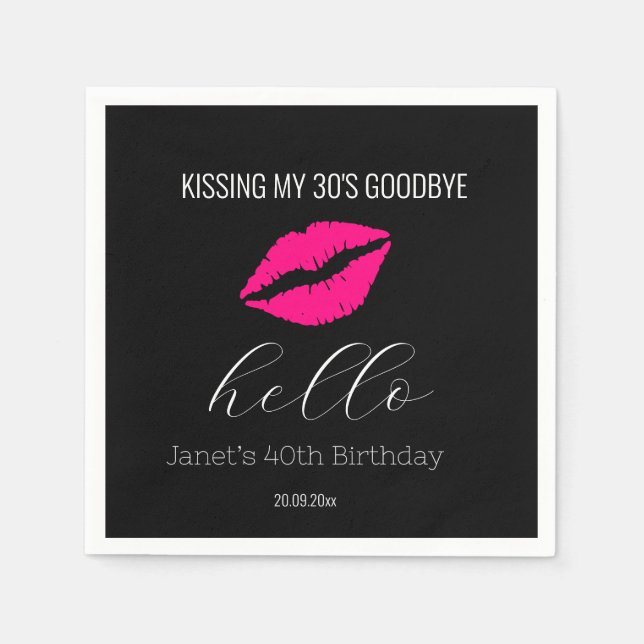 Simple Black Hello 40 Kissing 30 Goodbye Birthday Napkins (Front)