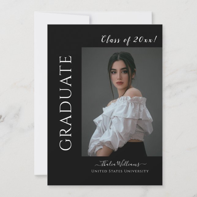 Simple Black High School College Photo Graduation  Invitation (Front)